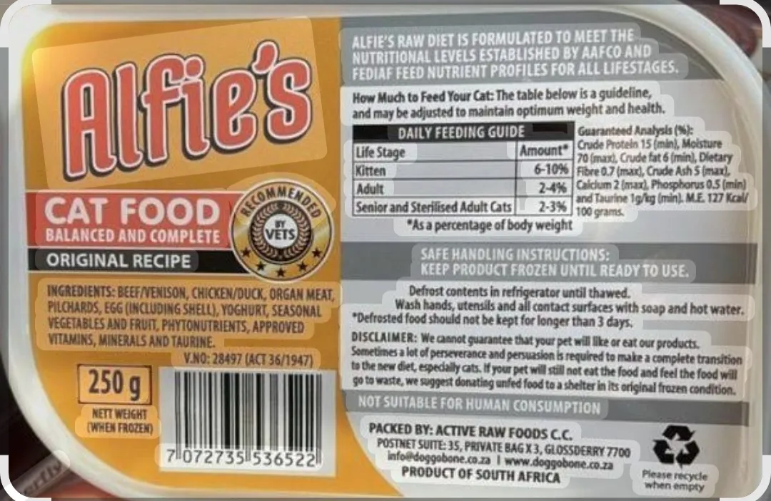 Alfie's Cat Food packaging showing ingredients and nutritional information